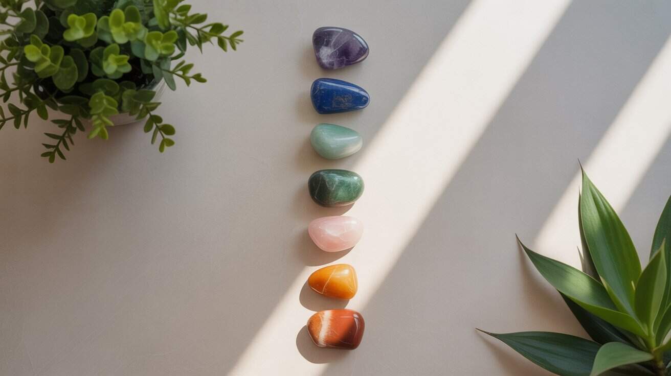 Colorful healing chakra stones for spiritual energy and crystal healing practices.