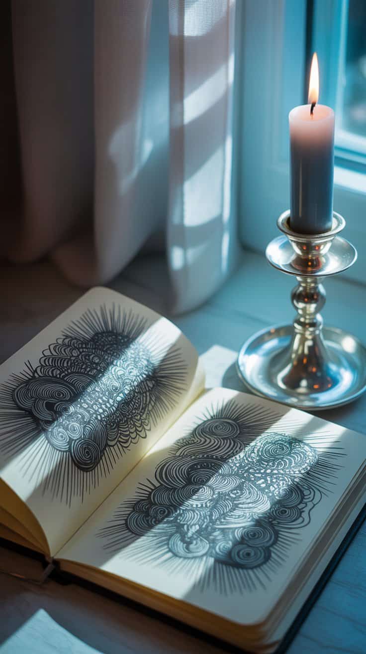 Intricate black geometric art in sketchbook with lit white candle on silver candlestick on windowsill.