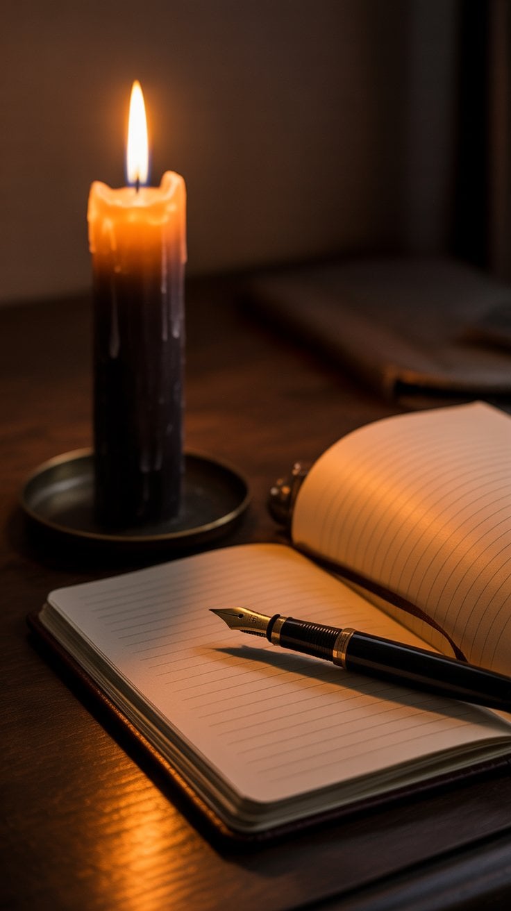 Aromatic candle, open notebook, and fountain pen on dark wooden desk for spiritual writing and journaling.