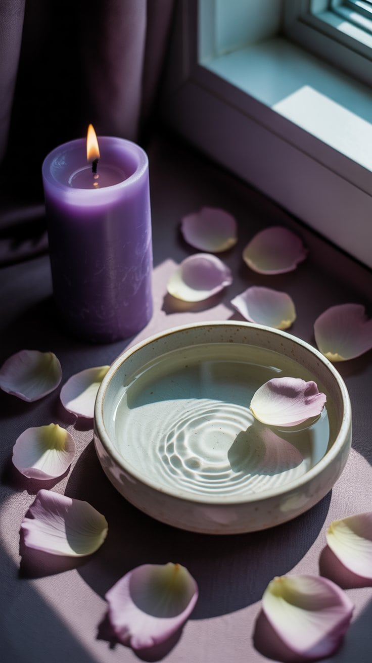 Lavender candle with rose petals on a windowsill for relaxation and spiritual healing.