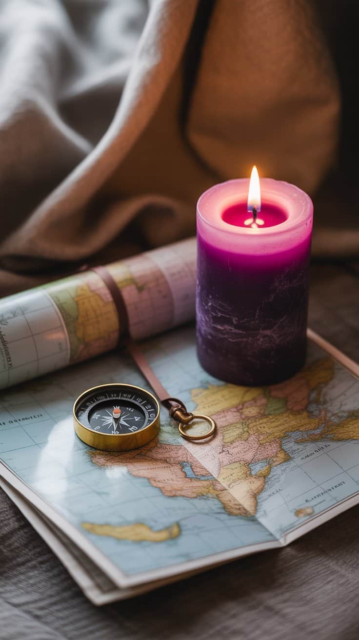 Guided spiritual travel with compass, map, candle, and journal on table for mystical journeys and self-discovery.