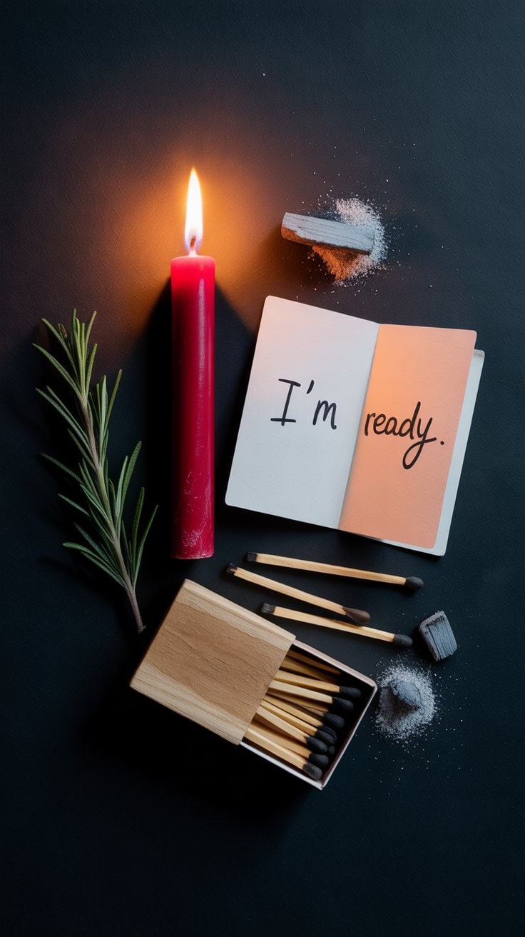 Red candle with flame and spiritual objects representing readiness and positivity for spiritual growth and meditation.