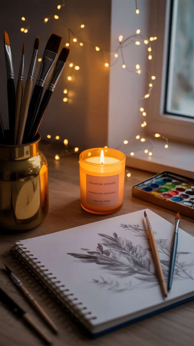 Brushes and watercolor palette on a desk with candlelight and fairy lights for creative arts and spiritual inspiration.