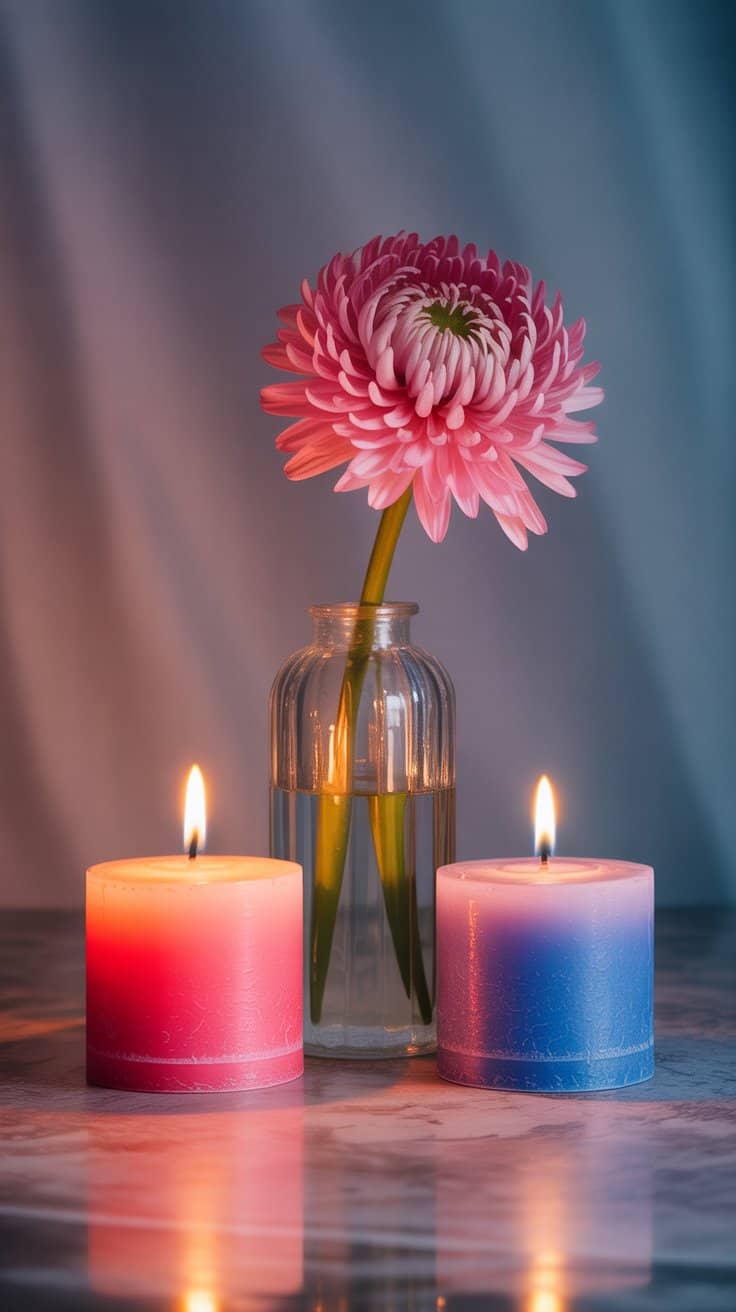 Pink dahlia flower in glass vase with two lit candles on a marble surface for spiritual meditation and relaxation.