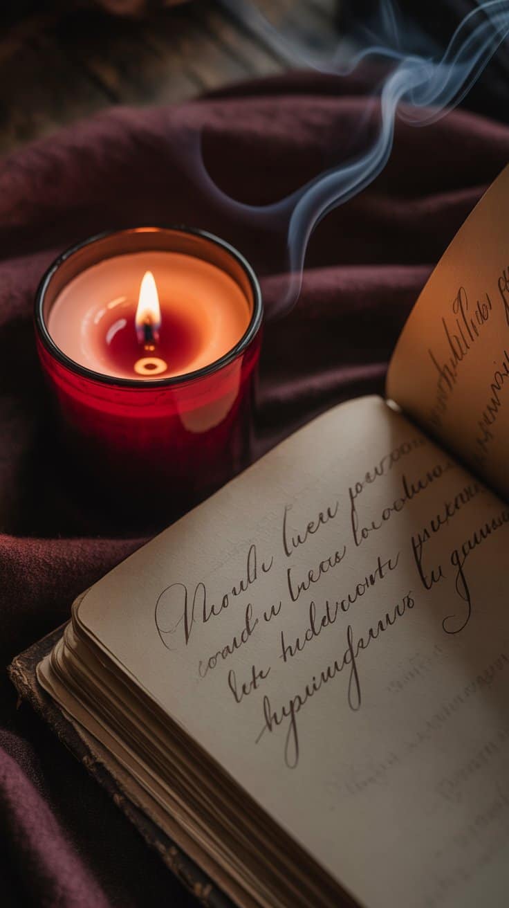 Soft lit candle with flowing smoke and handwritten journal for spiritual healing and mindfulness rituals.