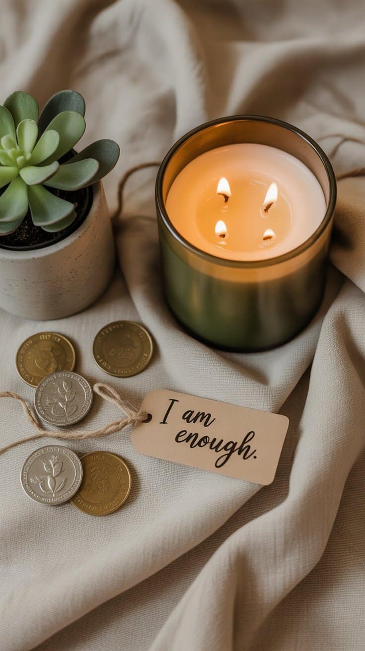 Calming candle with soft flames, potted succulent, and motivational "I am enough" message for self-love and peace.