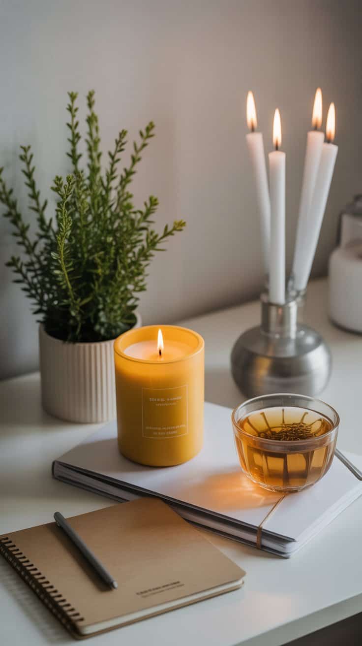 Scented candle, herbal tea, and wellness journal on a white table for relaxation and spiritual practice.