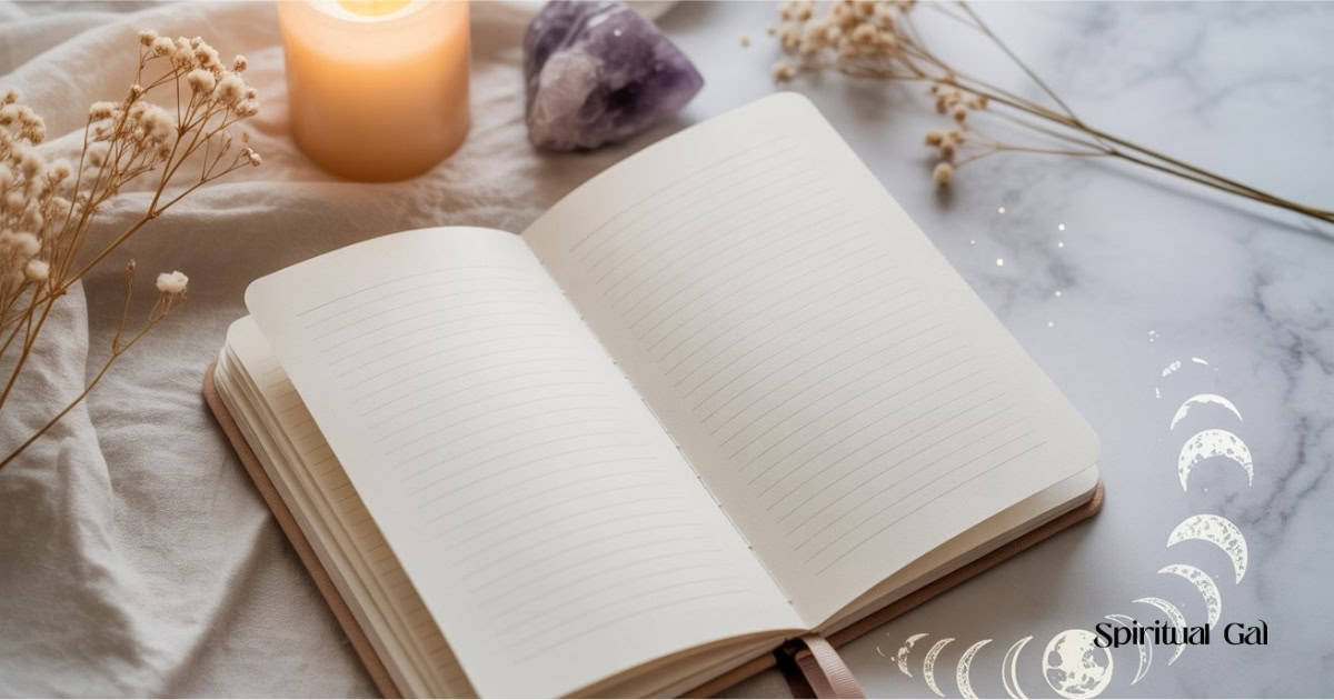 Blank open journal with dried flowers and crystals for spiritual self-reflection.