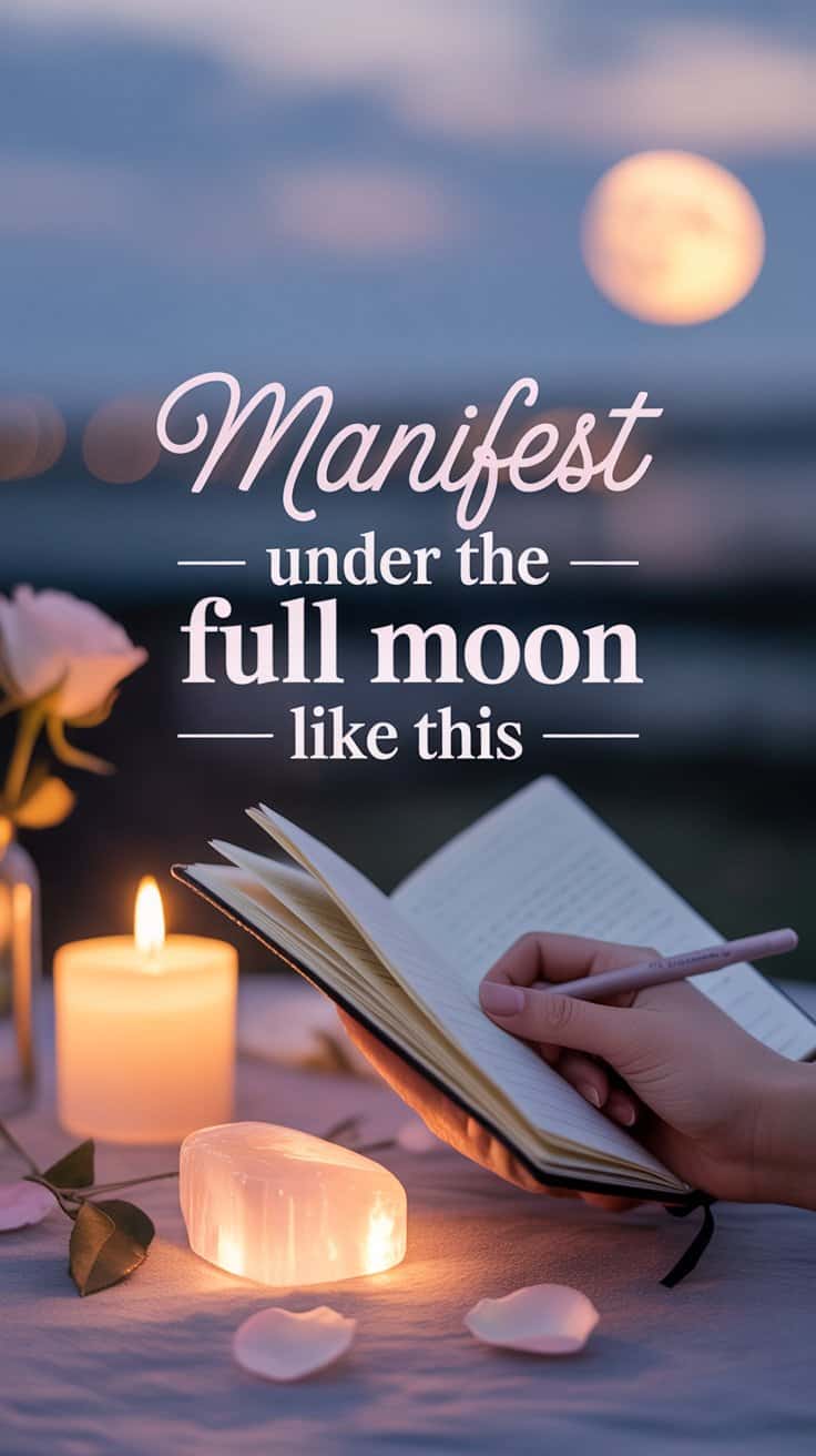 Manifest under the full moon like this with candles, flowers, and an open journal for spiritual manifestation and energy alignment.